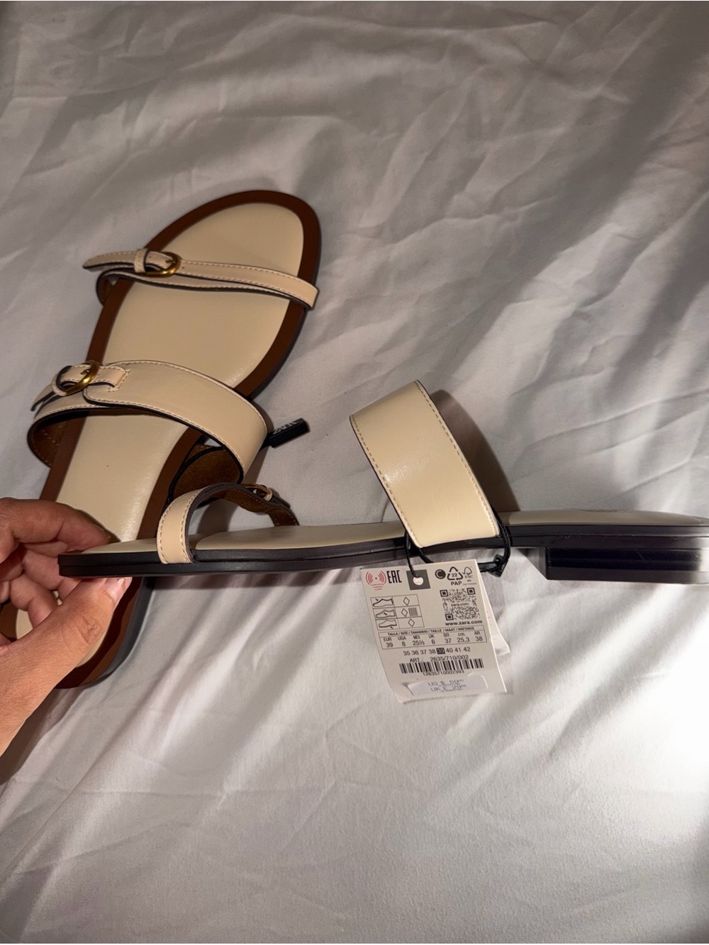 ZARA Cream Double-Strap Slide Sandals with Brown Trim - Picture 3 of 5